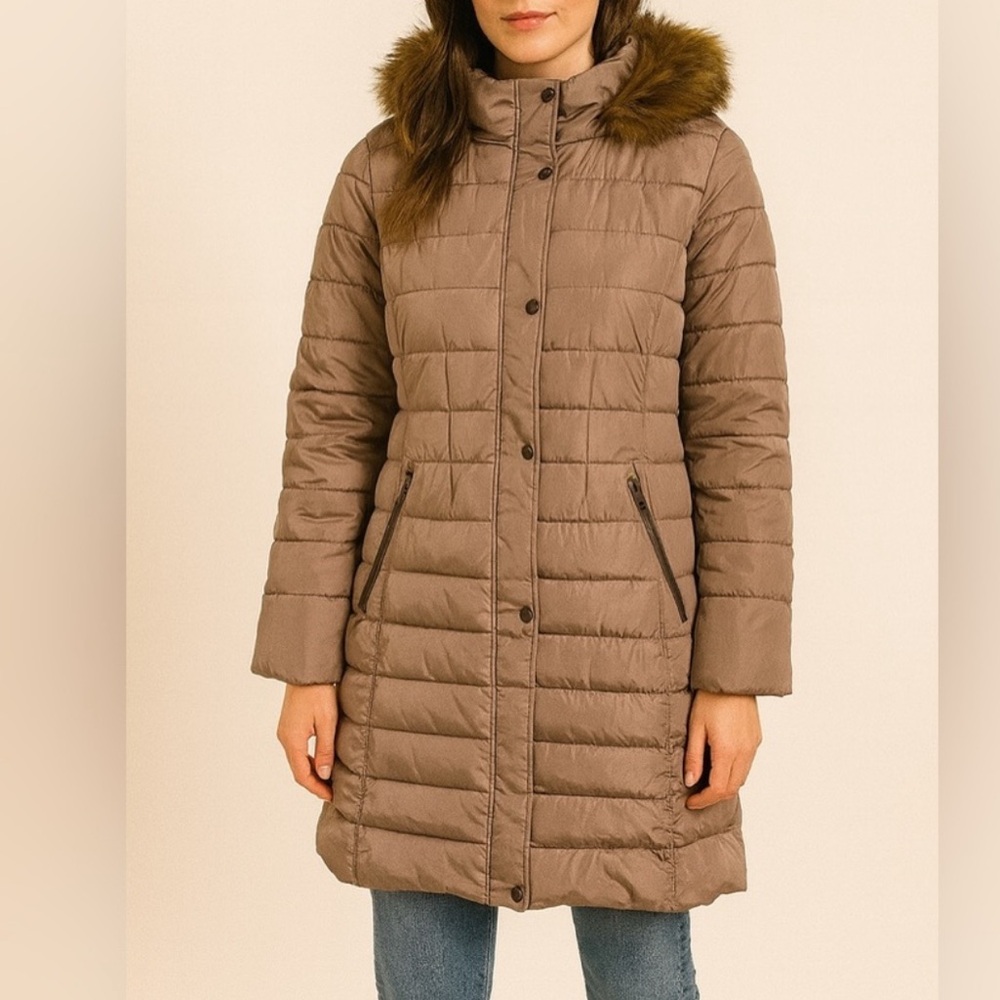 Kenneth Cole Taupe Puffer Coat Women’s XL Long Hooded Jacket Faux Fur Lined Warm